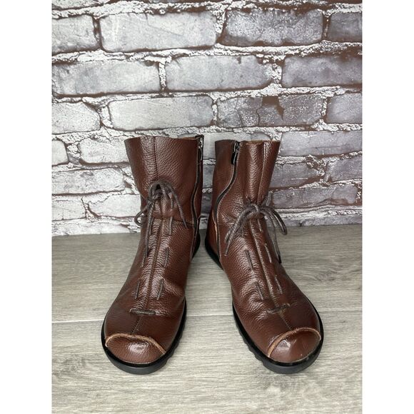 Hin Rui VTG Brown Leather Ankle Boots Rope Laces Side Zip Women 8.5M US/39EU 250 - Picture 3 of 16